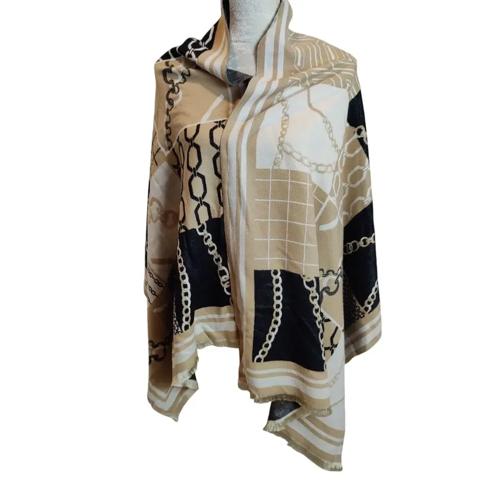 NWT Ann Taylor Women's Super Soft Scarf Shawl Tan Black Chain Luxe